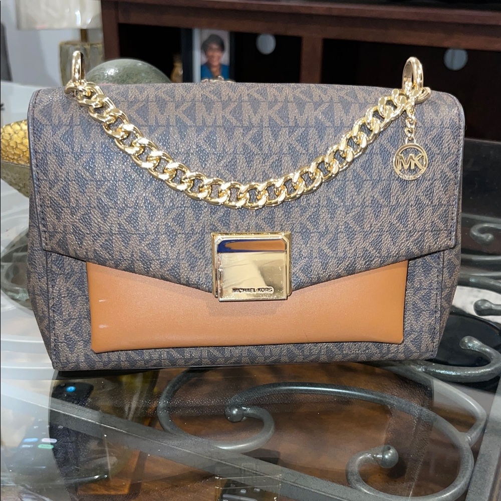 Michael Kors Brown and Tan Top Handle Handbag with Gold Chain